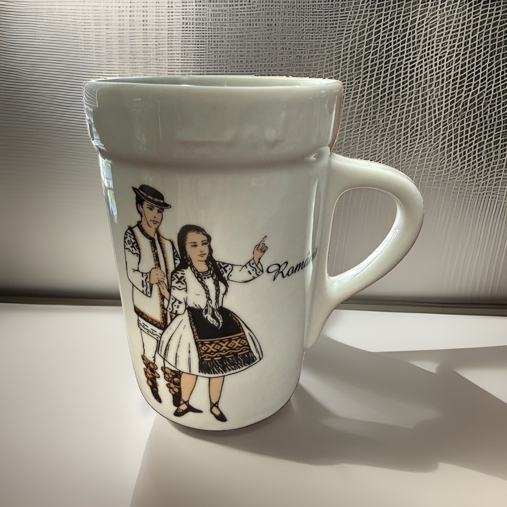 Romania Souvenir Mug Traditional Folk Dress Couple White Ceramic Coffee Cup 5in